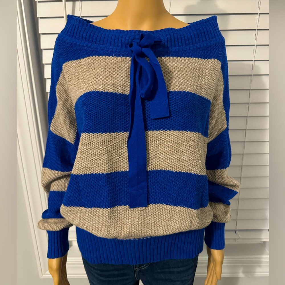 Cute Free People size XS cobalt blue anc tan stripe wide neck sweater NWT